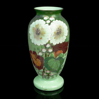 Antique Hand Painted Victorian Pale Green Milk Glass Vase with Large Floral Feature