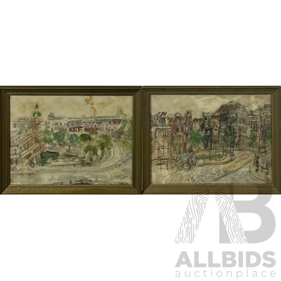 E. Blum Barber, (Dates Unknown), Amsterdam Streets, Pair of Vintage Studies of Amsterdam, Crayon and Pencil and Ink and Watercolour, 26 x 33 cm (frames) (2)