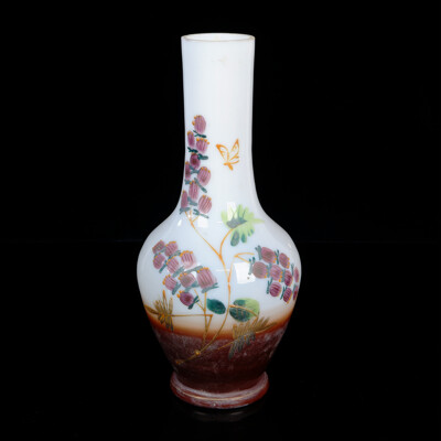 Victorian Milk Glass Funnel Neck Vase with Hand Painted Blossoms and Butterfly