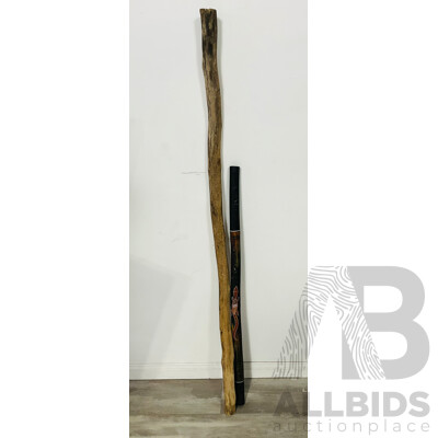 Hand Painted Australian Indigenous Didgeridoo Along with Long Undecorated Example