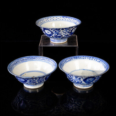 Three Chinese Qing Blue and White 'Lotus' Bowls, Seal Marks (Minyao), 19th Century