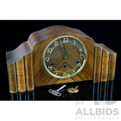 Art Deco Wooden Mantle Clock, Mechanism Made in Germany