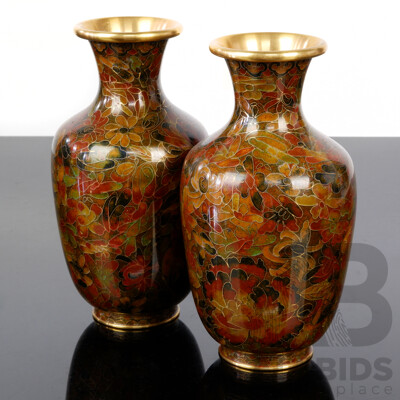 Pair Ornate Chinese Cloisonne Vases with Floral Theme