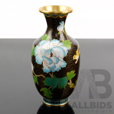 Vintage Chinese Black Cloisonne Vase with Floral Motif