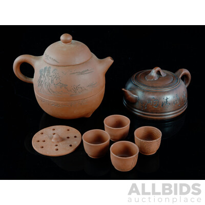 Two Vintage Chinese Yi Xing Teapots,  One Two Compartment Example with Four Teacups