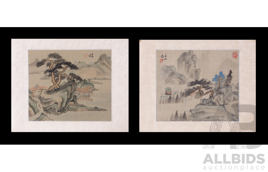 Pair of Antique Chinese Water Colour Silk Panels, Person on Bridge and River Temple, 15 x 17.5 cm (panel)