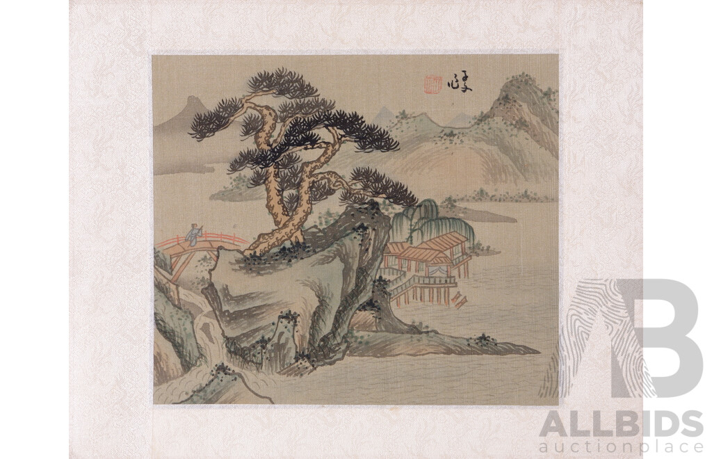 Pair of Antique Chinese Water Colour Silk Panels, Person on Bridge and River Temple, 15 x 17.5 cm (panel)