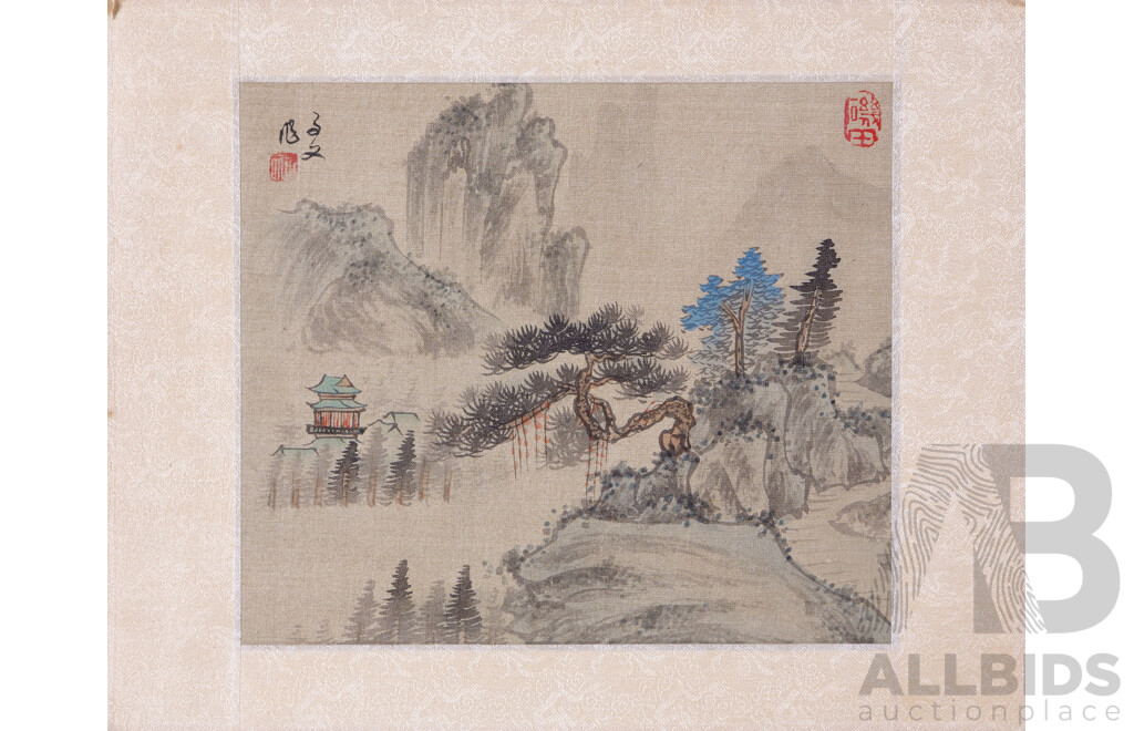 Pair of Antique Chinese Water Colour Silk Panels, Person on Bridge and River Temple, 15 x 17.5 cm (panel)