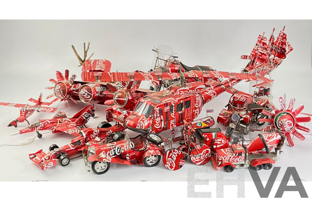 Large Collection of Vehicles and Items Made From Coca Cola Cans Including Planes, Cars, Train, Truck, Bikes, Boat, Helicopter and Outhouse