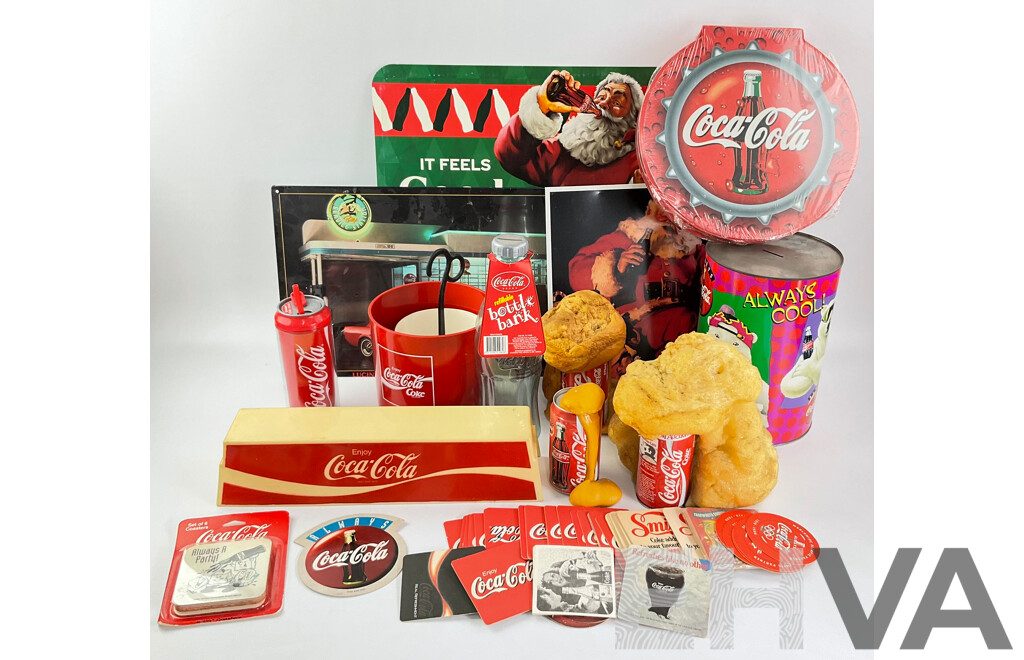 Collection of Coca Cola Merchandise Including Novelty Frothing Coke Cans, Retail and Tin Signs, Coasters, Money Boxes and Art Pack