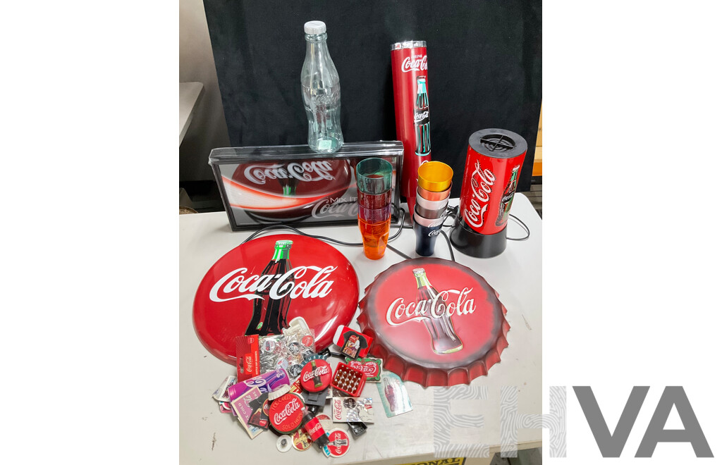 Coca Cola Illuminated Sign and Rotating Cup with Anodized and Plastic Cups, Hanging Signs, Cup Dispenser, Assorted Magnets