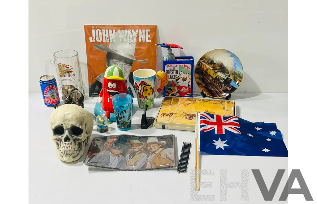 Collection of Memorabilia and Homeware Including John Wayne Calendar, Ettamogah Pub Beer Glass and Pub Brew and More