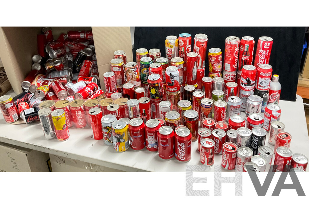 Collection of Vintage Commemorative and Collectable Coca Cola Cans Including Scatman John, Lineage 4, Athens 2004 Plush Bear in Can, 500ml Steel Can and More