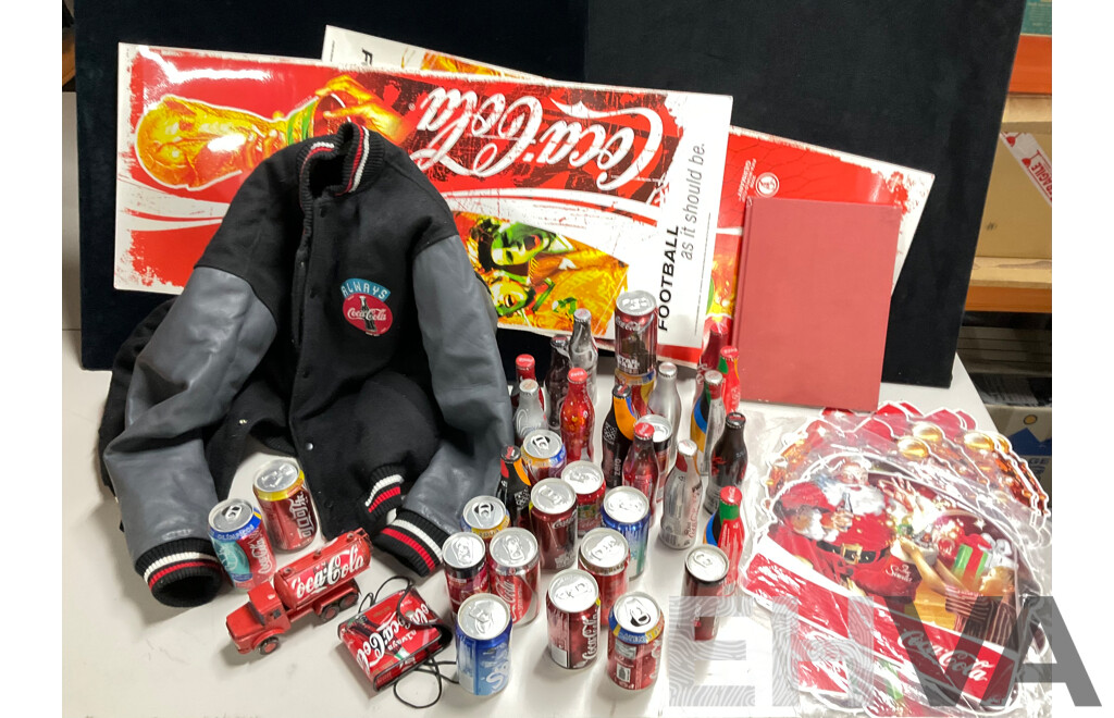 Collection of Coca Cola Items Including 1990's Always Coca Cola Jacket, Collectable Cans and Bottles, Bag and Truck Made From Cans, Retail Signs Including World Cup and Christmas