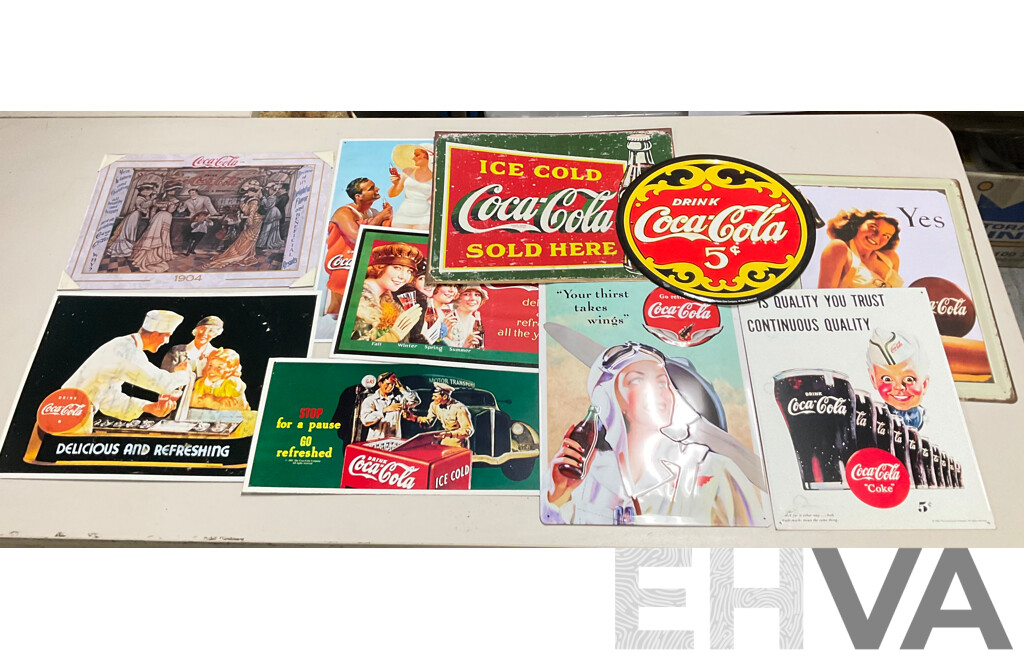 Ten Coca Cola Steel Advertisement Signs Including ''Your Thirst Takes Wings'' and Delicious and Refreshing