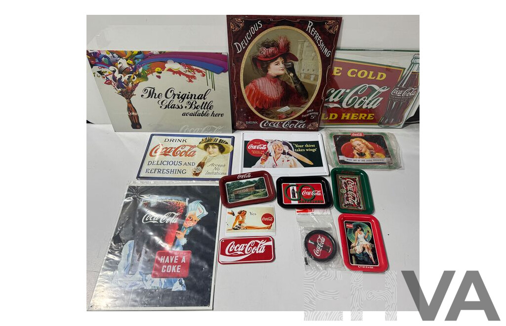 Collection of Coca Cola Steel Advertisement Signs, Plates and Coasters Including Have a Coke and Meet Me at the Soda Fountain