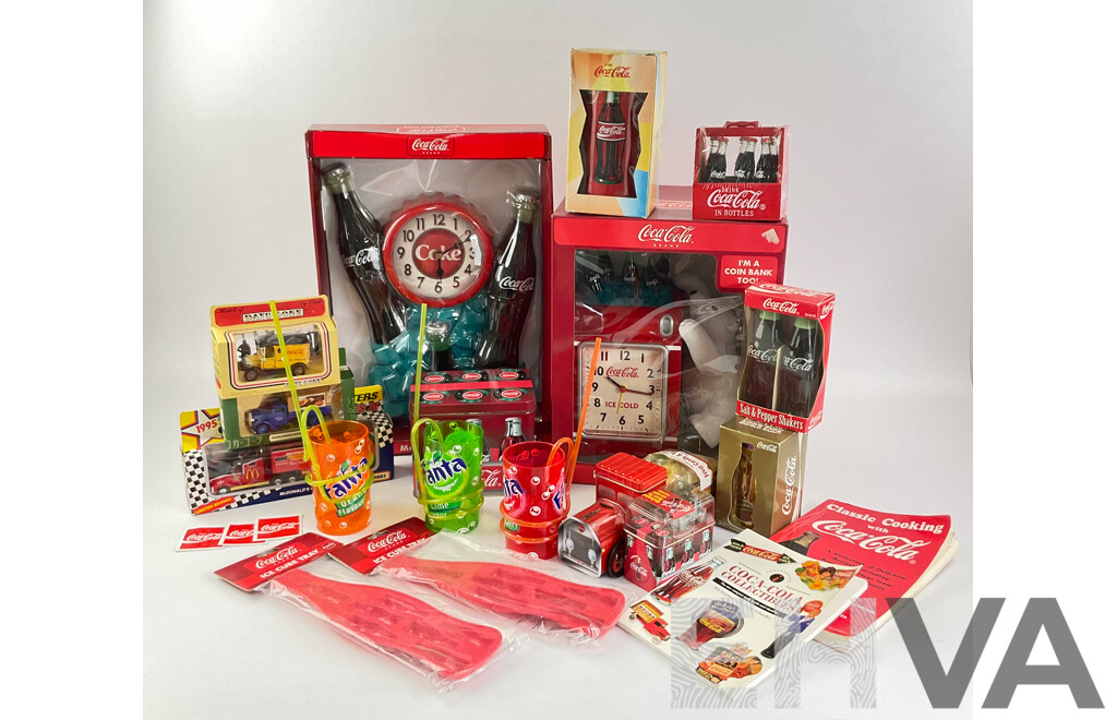 Assortment of Coca Cola Items Including Moulded Wall Clock, Bank Alarm Clock, Diecast Vehicles, Tins, Cups, Collector and Cooking Books