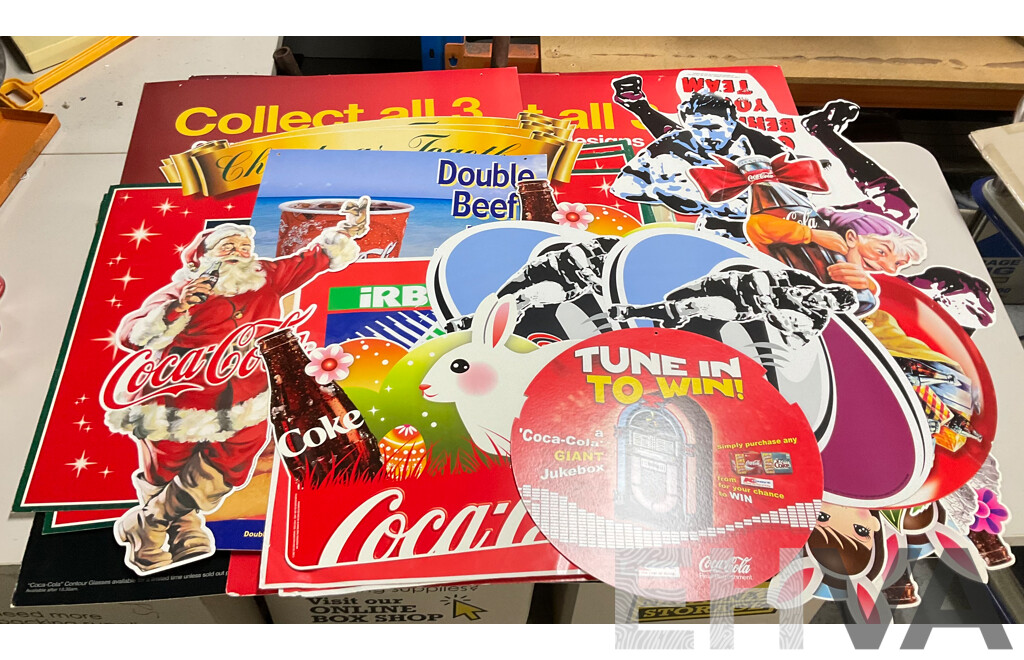 Assortment of Large Coca Cola Pomotional Retail Signs and Stickers Including Easter, Christmas, State of Origin and More, Retailers K-Mart, McDonalds, IGA