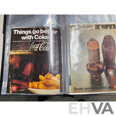 Four Albums of Coca Cola 1960's Magazine Advertisements, Retail Promotion Signs, Bottle Labels and More