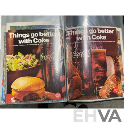 Four Albums of Coca Cola 1960's Magazine Advertisements, Retail Promotion Signs, Bottle Labels and More