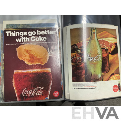 Four Albums of Coca Cola 1960's Magazine Advertisements, Retail Promotion Signs, Bottle Labels and More