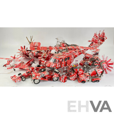 Large Collection of Vehicles and Items Made From Coca Cola Cans Including Planes, Cars, Train, Truck, Bikes, Boat, Helicopter and Outhouse