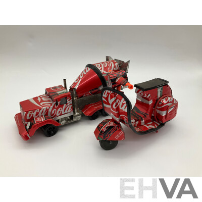 Large Collection of Vehicles and Items Made From Coca Cola Cans Including Planes, Cars, Train, Truck, Bikes, Boat, Helicopter and Outhouse