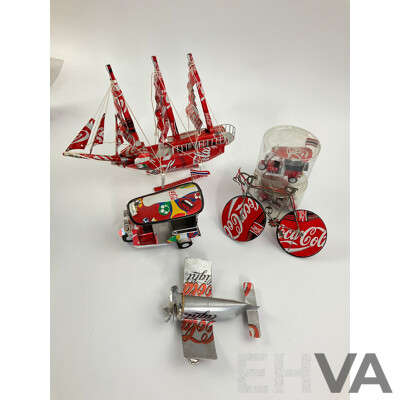 Large Collection of Vehicles and Items Made From Coca Cola Cans Including Planes, Cars, Train, Truck, Bikes, Boat, Helicopter and Outhouse