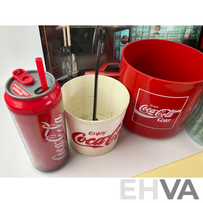 Collection of Coca Cola Merchandise Including Novelty Frothing Coke Cans, Retail and Tin Signs, Coasters, Money Boxes and Art Pack