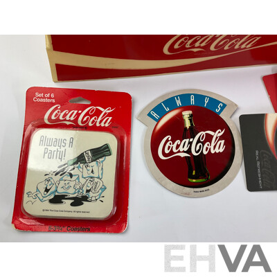 Collection of Coca Cola Merchandise Including Novelty Frothing Coke Cans, Retail and Tin Signs, Coasters, Money Boxes and Art Pack