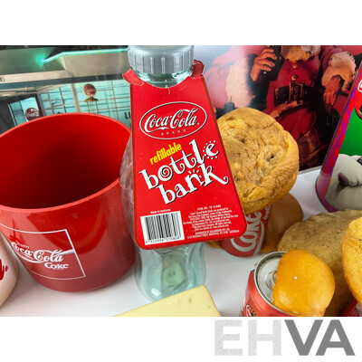 Collection of Coca Cola Merchandise Including Novelty Frothing Coke Cans, Retail and Tin Signs, Coasters, Money Boxes and Art Pack