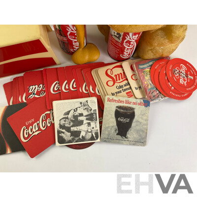 Collection of Coca Cola Merchandise Including Novelty Frothing Coke Cans, Retail and Tin Signs, Coasters, Money Boxes and Art Pack