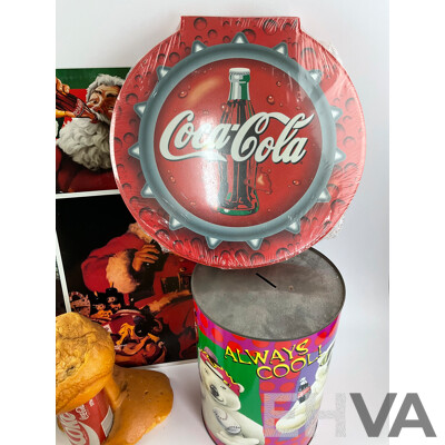 Collection of Coca Cola Merchandise Including Novelty Frothing Coke Cans, Retail and Tin Signs, Coasters, Money Boxes and Art Pack