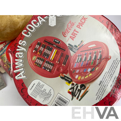 Collection of Coca Cola Merchandise Including Novelty Frothing Coke Cans, Retail and Tin Signs, Coasters, Money Boxes and Art Pack
