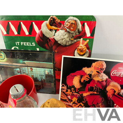 Collection of Coca Cola Merchandise Including Novelty Frothing Coke Cans, Retail and Tin Signs, Coasters, Money Boxes and Art Pack