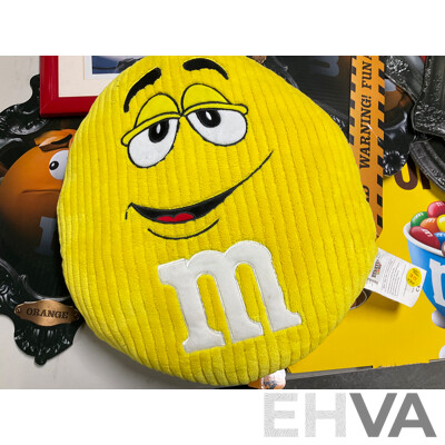 Collection of M&Ms Merchandise Including Cushion, Framed Picture, Retail Signs