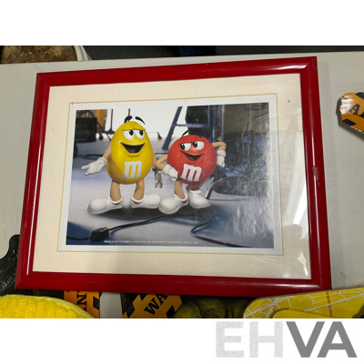 Collection of M&Ms Merchandise Including Cushion, Framed Picture, Retail Signs
