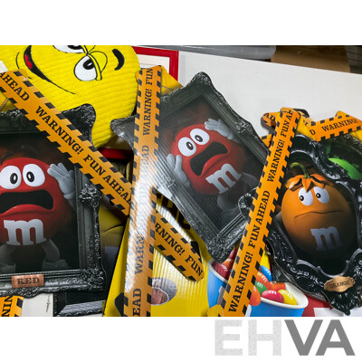 Collection of M&Ms Merchandise Including Cushion, Framed Picture, Retail Signs