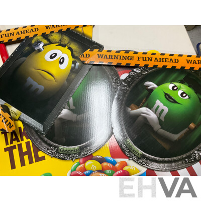 Collection of M&Ms Merchandise Including Cushion, Framed Picture, Retail Signs