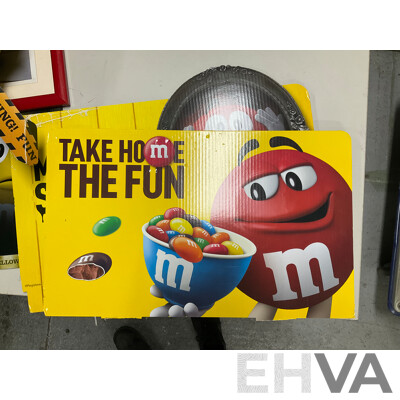Collection of M&Ms Merchandise Including Cushion, Framed Picture, Retail Signs