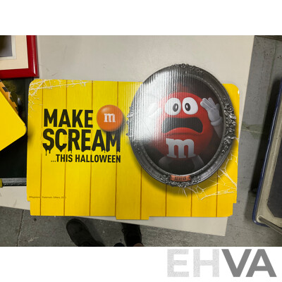 Collection of M&Ms Merchandise Including Cushion, Framed Picture, Retail Signs