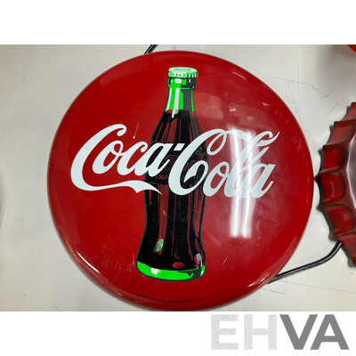 Coca Cola Illuminated Sign and Rotating Cup with Anodized and Plastic Cups, Hanging Signs, Cup Dispenser, Assorted Magnets