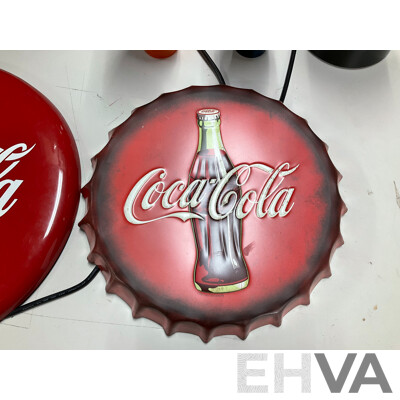 Coca Cola Illuminated Sign and Rotating Cup with Anodized and Plastic Cups, Hanging Signs, Cup Dispenser, Assorted Magnets