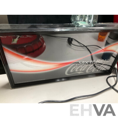 Coca Cola Illuminated Sign and Rotating Cup with Anodized and Plastic Cups, Hanging Signs, Cup Dispenser, Assorted Magnets