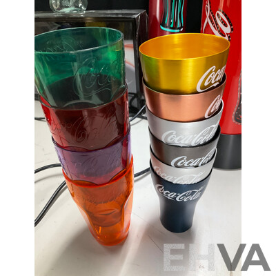 Coca Cola Illuminated Sign and Rotating Cup with Anodized and Plastic Cups, Hanging Signs, Cup Dispenser, Assorted Magnets