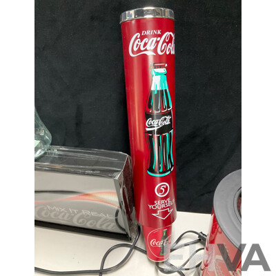 Coca Cola Illuminated Sign and Rotating Cup with Anodized and Plastic Cups, Hanging Signs, Cup Dispenser, Assorted Magnets
