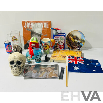 Collection of Memorabilia and Homeware Including John Wayne Calendar, Ettamogah Pub Beer Glass and Pub Brew and More
