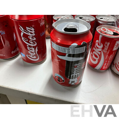 Collection of Vintage Commemorative and Collectable Coca Cola Cans Including Scatman John, Lineage 4, Athens 2004 Plush Bear in Can, 500ml Steel Can and More