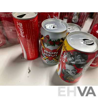 Collection of Vintage Commemorative and Collectable Coca Cola Cans Including Scatman John, Lineage 4, Athens 2004 Plush Bear in Can, 500ml Steel Can and More