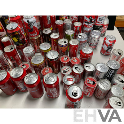 Collection of Vintage Commemorative and Collectable Coca Cola Cans Including Scatman John, Lineage 4, Athens 2004 Plush Bear in Can, 500ml Steel Can and More